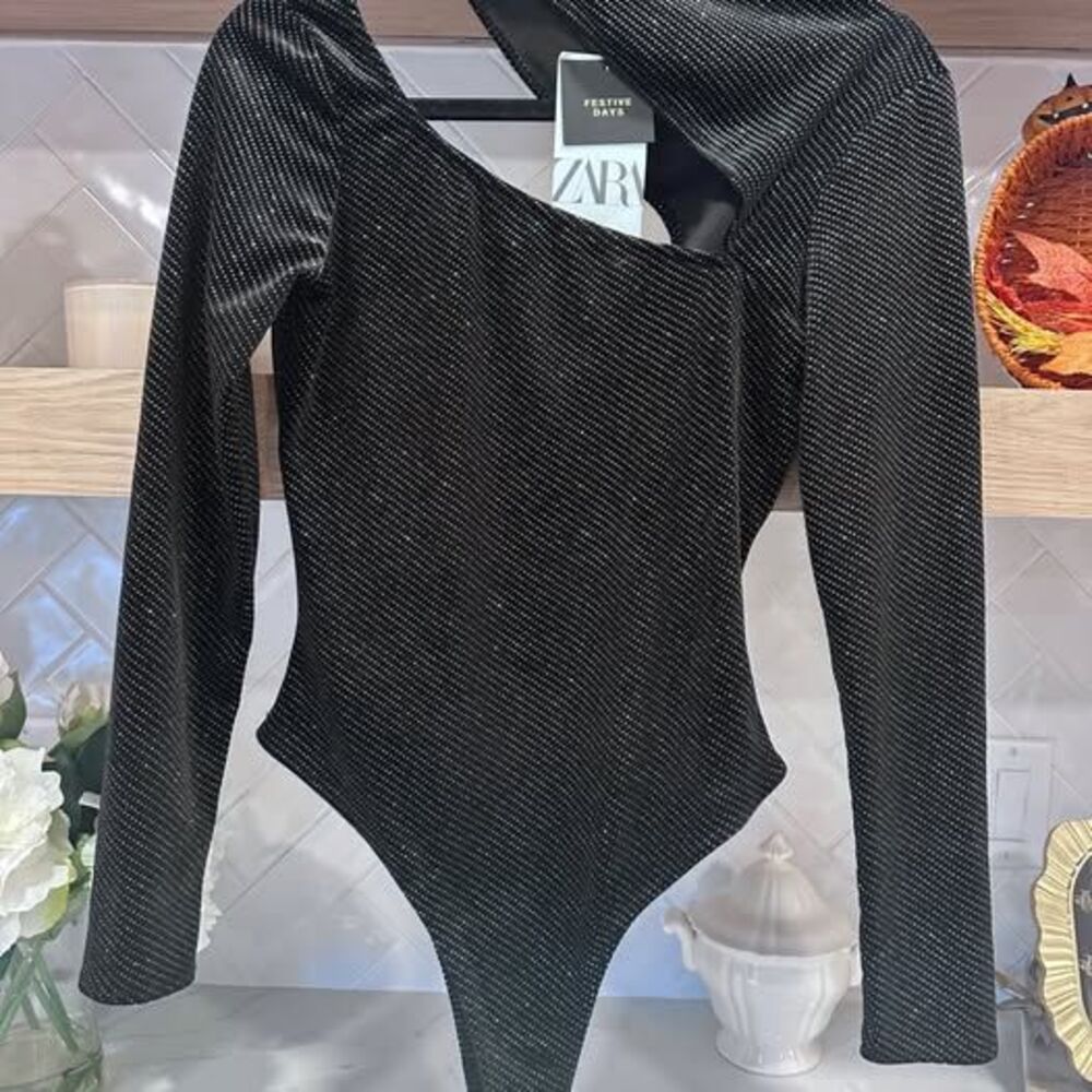 Zara Shimmering BlK Asymmetrical Bodysuit- from the Festive Days Collection NWT